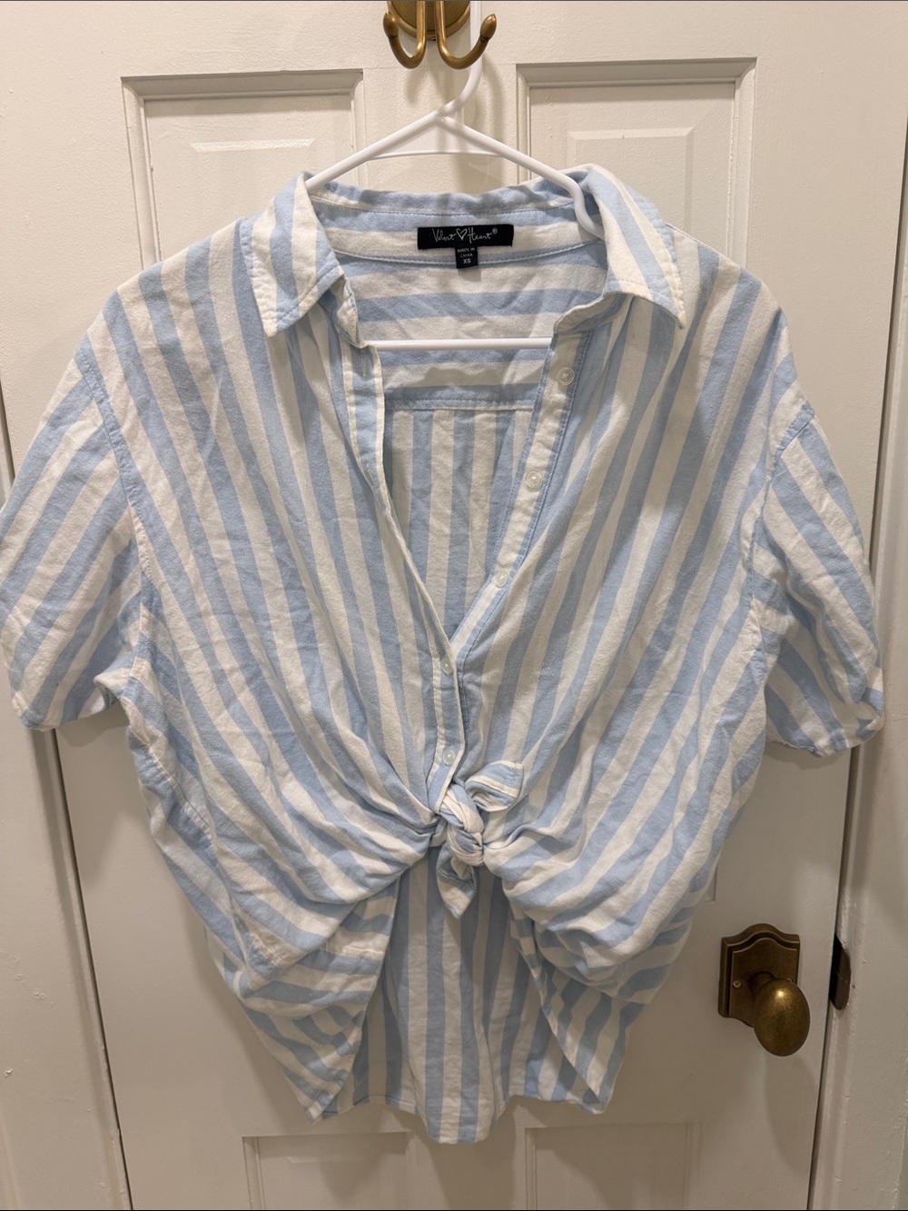 Velvet Heart Light Blue and White Striped Tie-Front Button Down Shirt